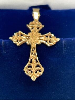 14k Solid Gold Filigree Cross Pendant - Women or Men Jewelry